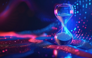 Abstract digital hourglass with glowing particles symbolizing time, technology, and innovation in a futuristic setting.
