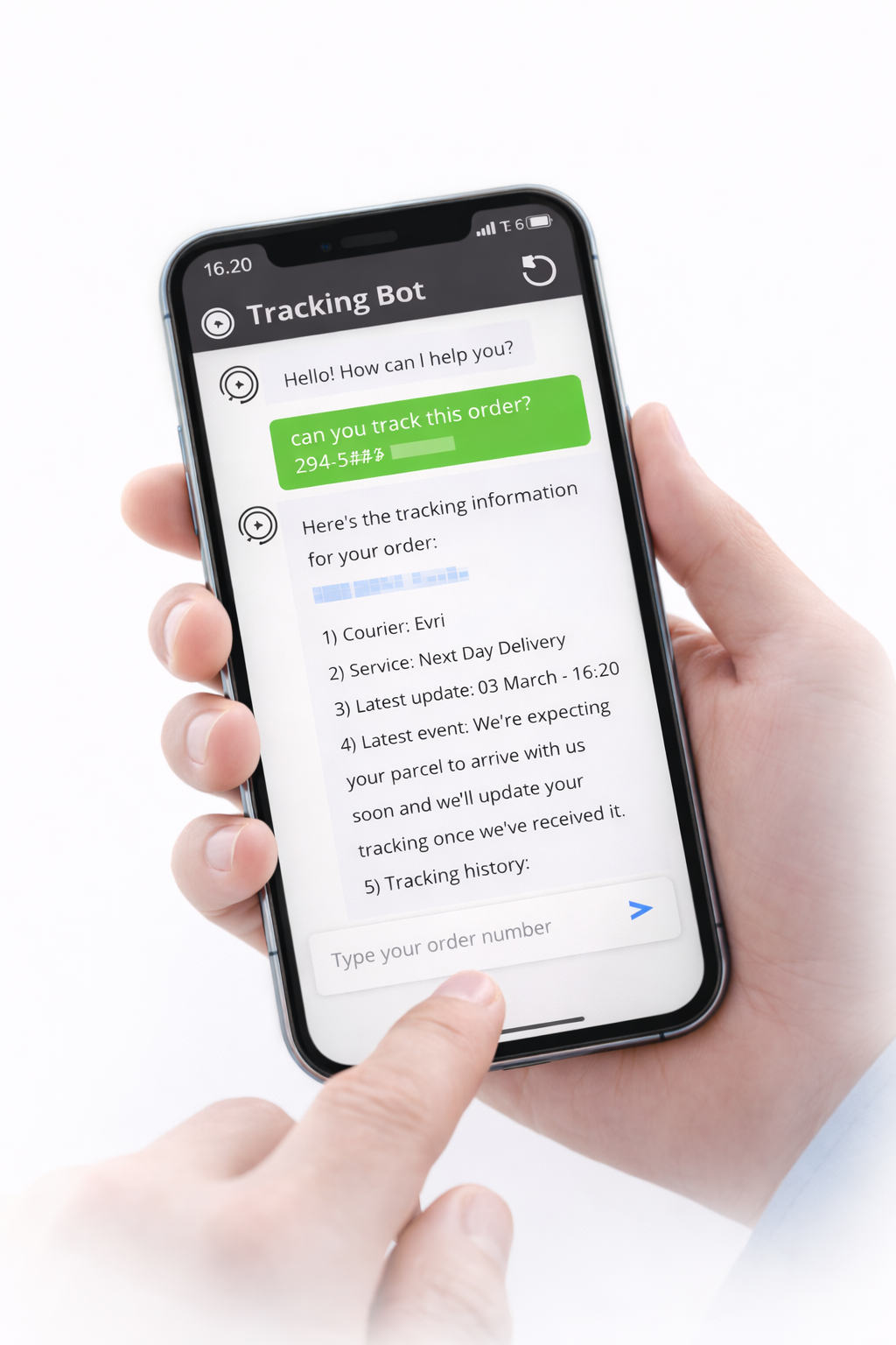 Person using the early access tracking chatbot on iphone screen